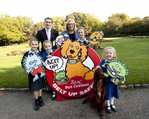 Bus Éireann’s Red Setter and local schoolchildren were in playful mode for the launch of the new ‘Buster and the Belt-Ups’ school transport safety campaign.