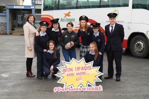 Irish Women’s Rugby captain Ciara Griffin with students from Presentation secondary school, Castle Island to promote Bus Éireann’s ‘Go Places’ competition. The competition invites TY students to share their memories of their journey to school. Deadline for entries is March 16. Pictured with Kerry native Ciara Griffin, captain of the Irish Women’s Rugby team are TY students FRONT L/R Edel Brosnan and Ciara Fitzgerald . Back L/R Catriona Brodrick School Principal , Leanne Sugrue , Lisa Brosnan, Kayla O'Connor , Lizzie May Hartnett and Mike Tither Bus Éireann Bus Driver. For more information see www.goplaceswithbe.ie