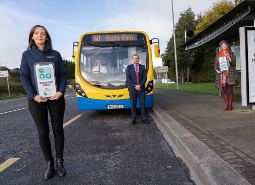 Caption for photo: From L-R Paula McCaul, CEO of County Meath Chamber, John Hegarty, Bus Éireann Assistant Services Manager - East and Lara Fagan, Energy Officer at Meath County Council launching the €10 for 10 journeys offer on Navan town bus services for customers using the new TFI Go mobile app