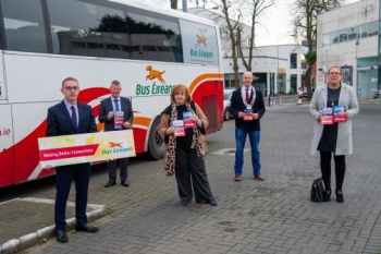 Image shows 5 people standing beside a Bus Éireann bus holding the new brochure, the people are From L-R Adrian O'Loughlin, Bus Éireann Regional Operations Manager, East, Michael McKeown, Bus Éireann Services Manager North-East, Joan Martin, Chief Executive of Louth County Council, Cllr Pio Smith, Cathaoirleach of Louth County Council and Elaine Daly, Administrative Officer, Infrastructure of Louth County Council