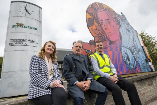 Mary Claire Cowley, Joe Rooney and Brian Nolan on-site at Drogheda bus station to launch the partnership between Bus Éireann and Louth Culture Quest
