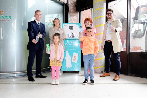 Ethan Braga aged seven and Mia Nkosi aged five launch Bus Éireann’s reverse vending machines in Busáras, Dublin and Letterkenny stations with Bus Éireanns Senior Manager, Operations  East, Operations Adrian O'Loughin, mer Bambrick, Senior Sustainability Manager, Bus Éireann and Grow Mental Health, Chief Executive Officer, Michèle Kerrigan