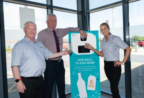 Hugh Bonner, Kieran McShea and Jackie Herron of Bus Éireann in Donegal unveiling the new reverse vending machines at Letterkenny bus station
