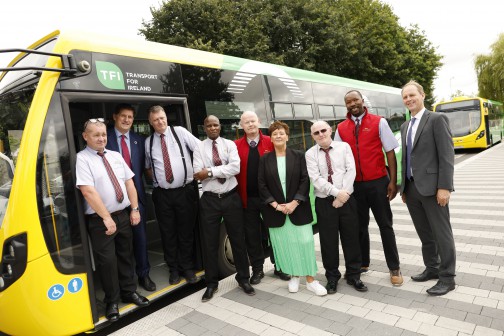 Minister Eamon Ryan, Bus Éireann Chairperson Miriam Hughes and Bus Éireann Chief Customer Officer Allen Parker with the Bus Drivers of the new Green and Yellow Carlow Town Bus Service
