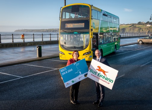 Anne Graham CEO of NTA and Stephen Kent, CEO of Bus Éireann in Tramore in front of Route 360A service