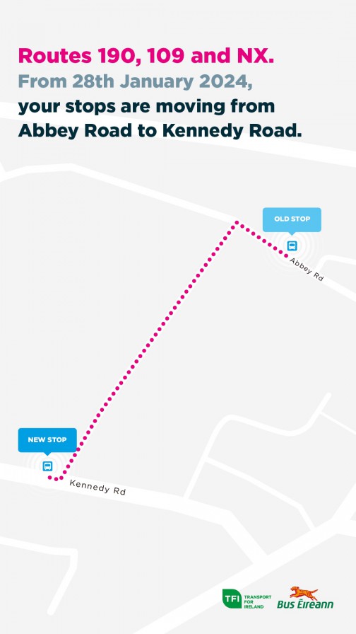 Routes 190, 109 and NX are moving from Abbey Road to Kennedy Road from 28 January